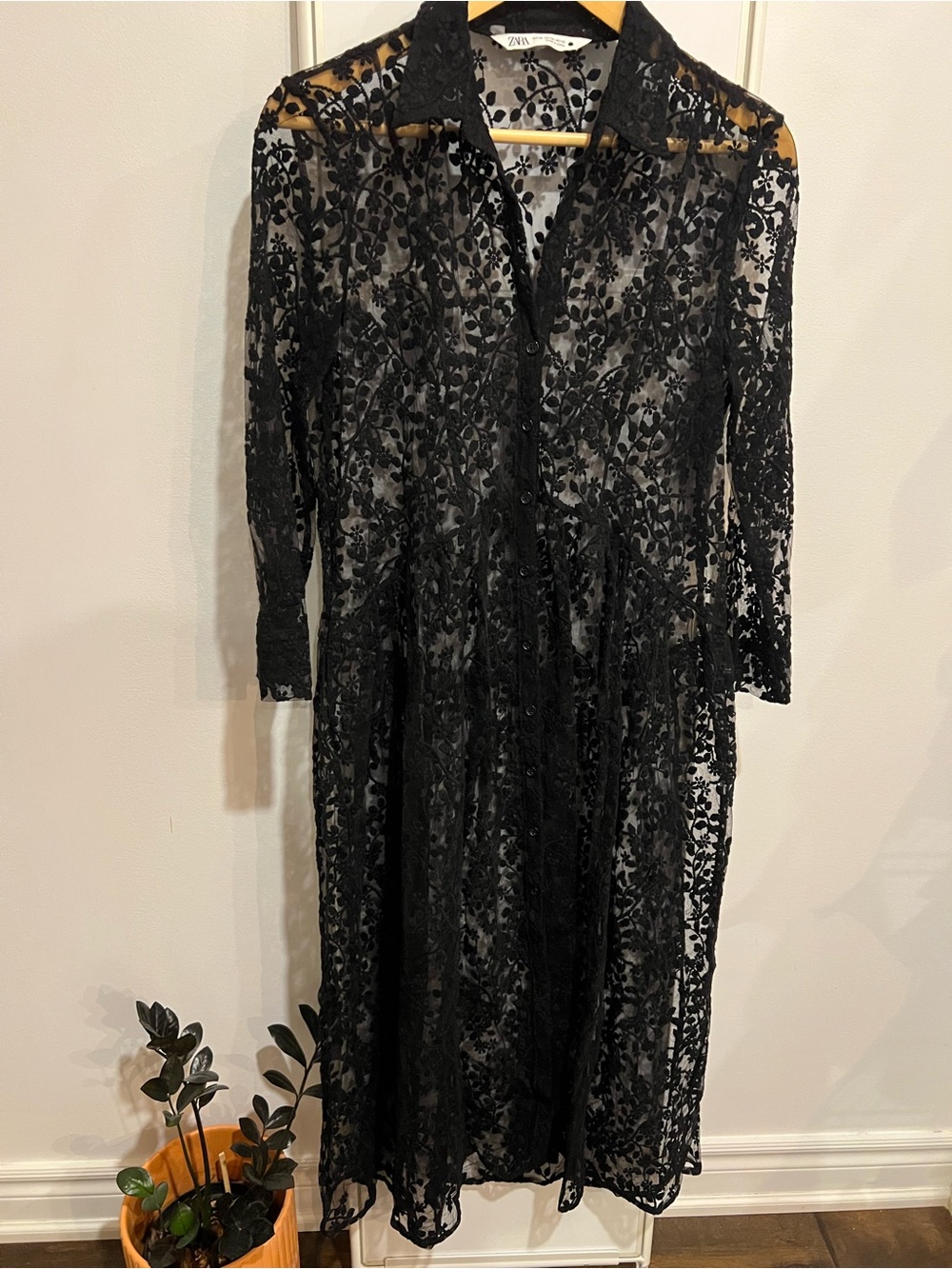 Zara Black Sheer Embroidered Lace Button Down Dress